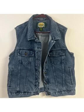 Cabela's denim vest with a relaxed fit, featuring a mix of blue and navy hues.